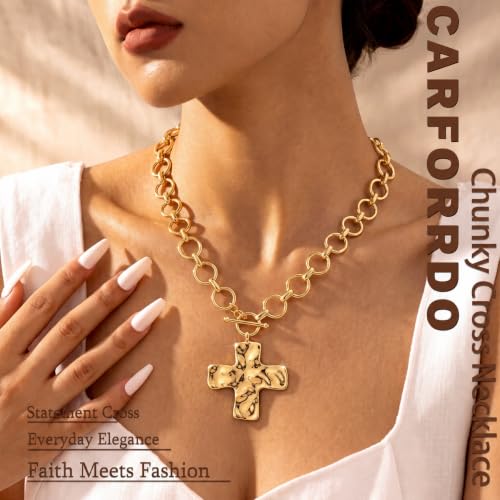 Carffordo Gold Cross Necklaces for Women, Chunky 14K Gold Plated Necklace | Statement Cross Pendant Necklace with Toggle Clasp, Hypoallergenic Waterproof Bold Chain, Trendy Charm Jewelry Gift for Her - color: dainty gold cross