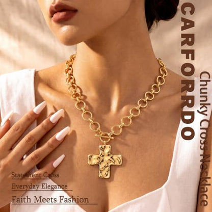 Carffordo Gold Cross Necklaces for Women, Chunky 14K Gold Plated Necklace | Statement Cross Pendant Necklace with Toggle Clasp, Hypoallergenic Waterproof Bold Chain, Trendy Charm Jewelry Gift for Her - color: dainty gold cross