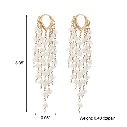 Fringe Hoop Dangle Earrings, Long Beads Tassel Chain Earrings for Women Sparkly Chandelier Earrings - color: White