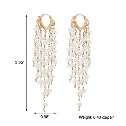 Fringe Hoop Dangle Earrings, Long Beads Tassel Chain Earrings for Women Sparkly Chandelier Earrings - color: White