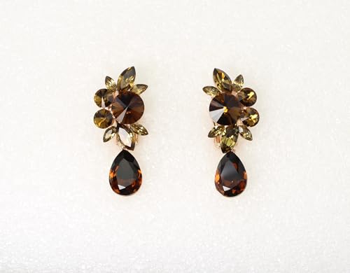 Faship Statement Dangling Floral Clip On Earrings For Women - color: Smoked Topaz Brown / Rose Gold Plated