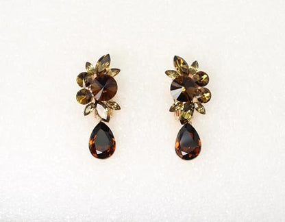 Faship Statement Dangling Floral Clip On Earrings For Women - color: Smoked Topaz Brown / Rose Gold Plated