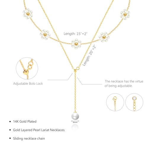 OGD Gold Pearl Necklace Set for Women 14K Plated Layered Daisy Choker Gift - color: 2PCS-Lariat Daisy Pearl-Gold