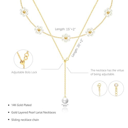 OGD Gold Pearl Necklace Set for Women 14K Plated Layered Daisy Choker Gift - color: 2PCS-Lariat Daisy Pearl-Gold