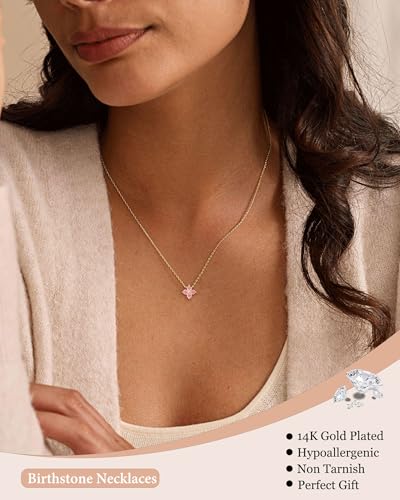 ZHESHY Birthstone Gold Necklaces for Women Dainty 14K Gold Plated Necklace | Simple Non Tarnish Diamond Cubic Zirconia Pendant Necklaces Women Gold Trendy Jewelry Bridesmaid Birthday Gifts - color: Pink October