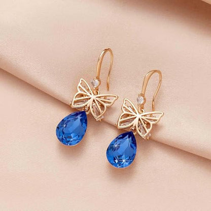 Austrian Crystal Teardrop Butterfly Drop Dangle Earrings for Women 14K Rose Gold Plated Hypoallergenic Jewelry - color: Bermuda Blue