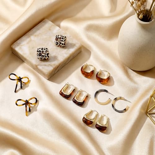 Sureio 6 Pairs Tortoise Shell Earrings for Women Leopard Resin Earrings Resin Brown Chunky Gold Hoops Jewelry Gift