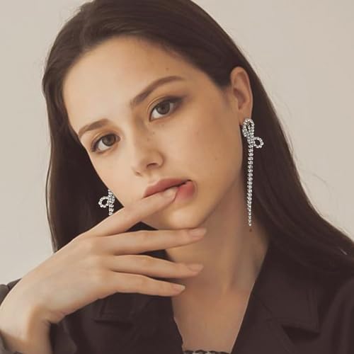 Luxval Rhinestone Earrings Dangling for Women Sparkly Silver Dangle Earrings Girls Long Chandelier Earrings Tassel Lightweight Ear Studs Cubic Zirconia Crystal Statement - color: Silver-Bow