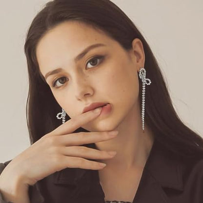 Luxval Rhinestone Earrings Dangling for Women Sparkly Silver Dangle Earrings Girls Long Chandelier Earrings Tassel Lightweight Ear Studs Cubic Zirconia Crystal Statement - color: Silver-Bow