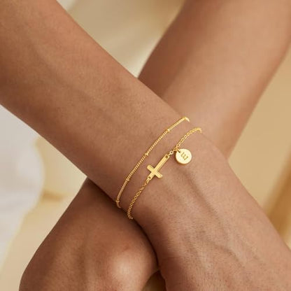 M MOOHAM Initial Cross Bracelet for Women Teen Girl, Baptism Christian Gift | 14K-Gold-Plated Layered Disc Letter Cross Bracelet Jewelry, Baptism Christian Gifts for Women, Confirmation Gifts for Girls - color: A'
