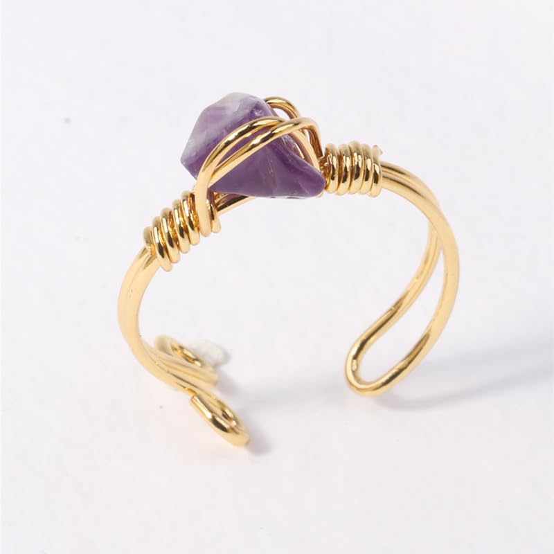 Chakra Crystal Ring Adjustable Gemstone Rings Wire Wrapped Irregular Crystal Ring Gemstone Carnelian Rose Quartz Amethyst Evil Eye Tiger Eyes Crystal Ring for Women - color: Purple