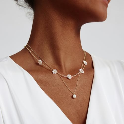HERIER Gold Jewelry Set for Women - Dainty 14K Gold/Silver Plated Pearl Choker Necklace, Drop Earrings & Bracelets - Wedding Trendy Pearl Jewelry Gift - color: Daisy Pearl Set-Gold