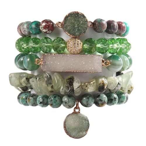 Yomisa 5PCS 6PCS Natural Boho Beaded Bracelets/Bangle for Women Men,Healing Turquoise Jasper Agate Crystal Gemstone Stone Chakra Multilayer Wrap Bohemian Handmade Jewelry Beads Stretch Bracelet Set - color: 5PCS-Green