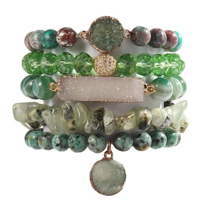 Yomisa 5PCS 6PCS Natural Boho Beaded Bracelets/Bangle for Women Men,Healing Turquoise Jasper Agate Crystal Gemstone Stone Chakra Multilayer Wrap Bohemian Handmade Jewelry Beads Stretch Bracelet Set - color: 5PCS-Green