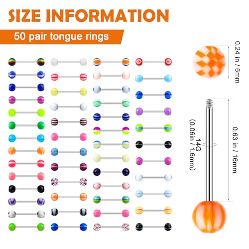 100Pcs 14G Acrylic Tongue Rings, Multi Color Assortment Flexible Tongue Rings Barbells Mix Piercing - style: 50 Pairs-Metal Bar