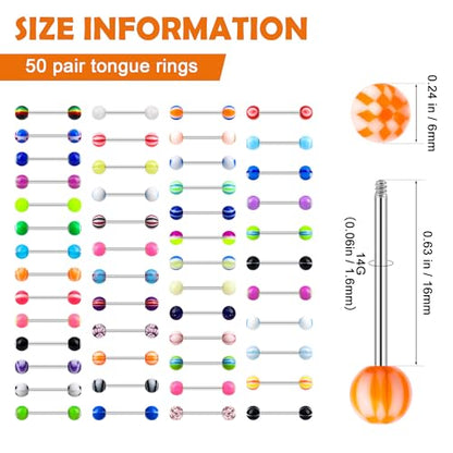 100Pcs 14G Acrylic Tongue Rings, Multi Color Assortment Flexible Tongue Rings Barbells Mix Piercing - style: 50 Pairs-Metal Bar
