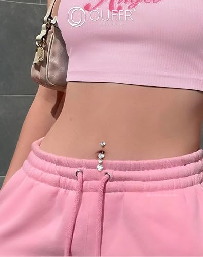 OUFER Titanium Belly Button Rings, Heart Belly Rings Dangling, Internally Threaded Belly Button Piercings, Long Dangle Navel Piercing Jewelry, Belly Rings for Women