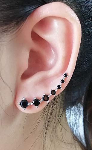 Black Diamond Climbers Cuff Wrap Cubic Zirconia 925 Sterling Silver Fashion Stud Crawler Pierced Sweep up Earrings for Women 7 Crystal CZ Hypoallergenic for Sensitive Ears Gifts for Birthday Bff