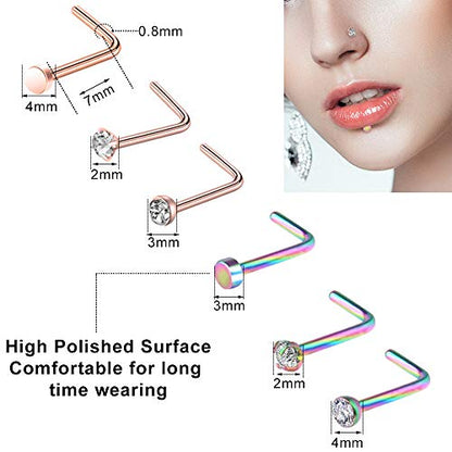 27-60 Pcs Nose Rings for Women Nose Piercing Jewelry Silver Nose Rings Studs 20G Surgical Nose Rings Hoops Nose Rings L Shaped Studs Screw Stainless Steel Nose Piercings for Women Men - color: Mixcolor E