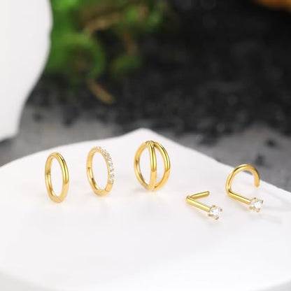 Xpircn 5pcs Hoop Nose Rings and L Shaped Nose Rings Stud Set 18G/20G Stainless Steel CZ Helix Conch Daith Tragus Cartilage Hoop Earrings for Women 6mm 7mm 8mm 10mm - color: Gold, size: 18G, 6mm hoop & 7mm studs