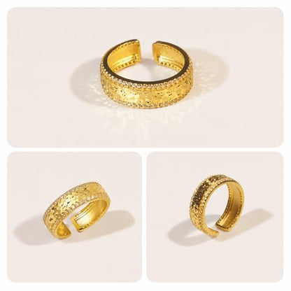 Heavy Solid 925 Sterling Silver, Band Ring for Women, Adjustable (Sizes 6–9) Open, weight 3.7g, Statement Ring with Dual Micro-Pave Stones - color: Gold