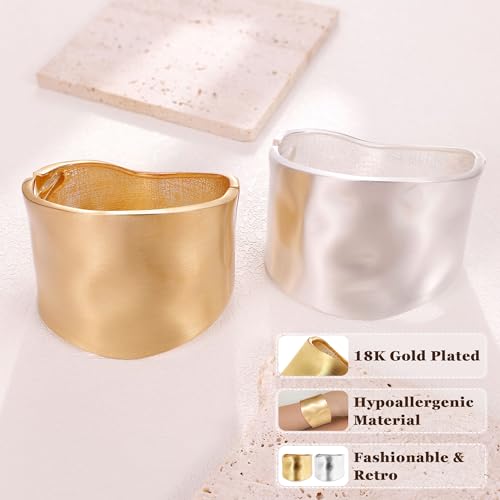 NICEIGHT 18K Gold Plated Chunky Bangle Bracelets for Women Gold Wide Cuff Bangle Bracelet Hammered Minimalist Thick Gold Wrist Wrap Bracelets - color: Silver Irregular Matte bracelet