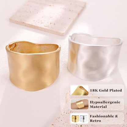 NICEIGHT 18K Gold Plated Chunky Bangle Bracelets for Women Gold Wide Cuff Bangle Bracelet Hammered Minimalist Thick Gold Wrist Wrap Bracelets - color: Silver Irregular Matte bracelet