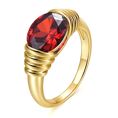 AllenCOCO Gold Ring for Women Trendy Ruby Ring Red Gemstone Chunky Ring 18k Gold Plated Band Ring Signet Statement Ring Size 6