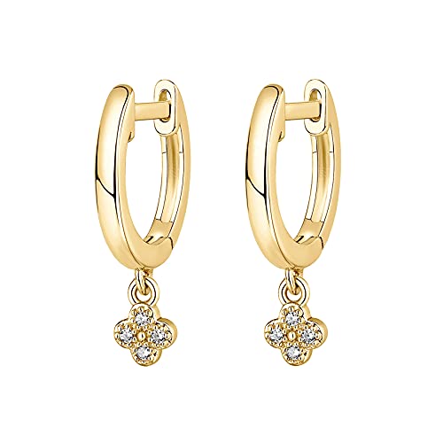 PAVOI 14K Gold Plated Huggie Hoop Earrings with Charms for Women - 925 Sterling Silver Posts Dainty Motif Huggie Hoop Dangle Earrings - Lightweight Dangle Drop Jewelry with Cubic Zirconia - style: Clover