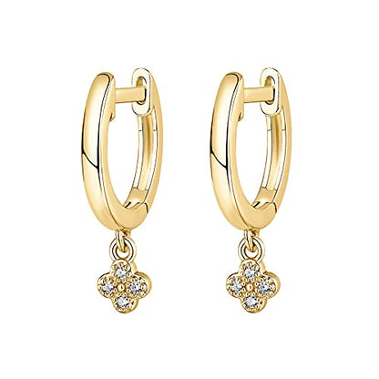 PAVOI 14K Gold Plated Huggie Hoop Earrings with Charms for Women - 925 Sterling Silver Posts Dainty Motif Huggie Hoop Dangle Earrings - Lightweight Dangle Drop Jewelry with Cubic Zirconia - style: Clover