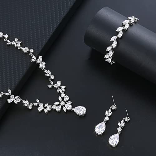 Bridal Wedding Jewelry CZ Set Marquise Teardrop Cubic Zirconia Pendant Necklace and Dangle Earring Bracelet Sets for Women - color: White Gold plated