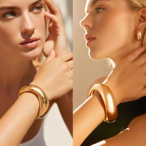 IFKM Gold Plated Jewelry Set for Women,14k Gold Plated Multi Layer Necklaces Stackable Bangle Bracelets Stackable Knuckle Rings Hoop Earrings Set Anniversary Trendy Elegance Charms Anniversary Birthday Jewelry Gift - color: Gold Chunky