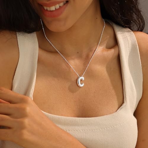 Ewrkbrㅤ Initial Necklaces for Women, 14k Gold Plated Bubble Letter Necklace Chunky Gold Necklace Dainty Charm Initial Necklaces for Women Trendy Custom Preppy Stocking Stuff Necklace Christmas Gifts - color: Silver, style: F