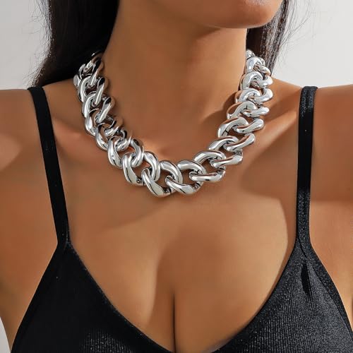 Chunky Link Cuban Chains Necklace Women's Punk Hip-hop Thick Gold Chain Choker Necklace Fashion Costume Jewelry for Women (gold) - color: Silver