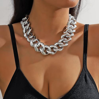 Chunky Link Cuban Chains Necklace Women's Punk Hip-hop Thick Gold Chain Choker Necklace Fashion Costume Jewelry for Women (gold) - color: Silver