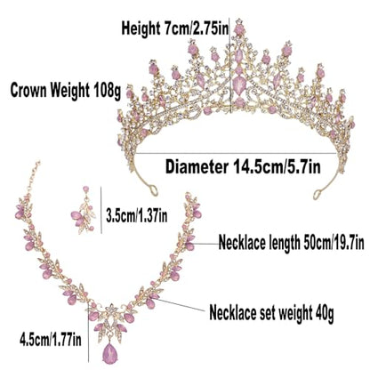 Women Tiaras and Crowns Bridal Jewelry Set with Rhinestones, Gold Plated Floral Necklace Tiara and Earrings, Wedding Birthday Party Accessories - color: Gold Green