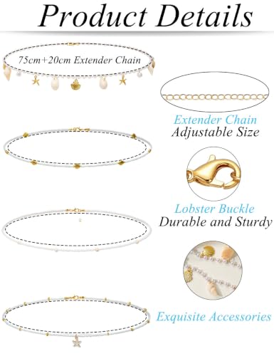 Gold Starfish Waist Chain for Women 18k Gold Plated Belly Chain Belt Layered Seashell Pearl Conch Beads Sequin Satellite Body Chains Sexy Bikini Summer Vacation Beach Jewelry Adjustable - color: 4 Pcs White