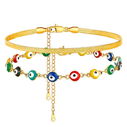 Supcare Evil Eye Anklets for Women,Cuban/Figaro/Mariner/Snake Chain Layered Ankle Bracelet Gifts (with Gift Packing) - color: 04-layered snake gold