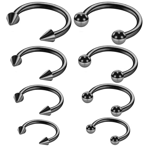 Telooco 8 Pcs 16G Septum Rings Surgical Steel Horseshoe Nose Ring Hoop Eyebrow Lip Navel Piercing Ring Earrings Septum Piercing Jewelry for Women Men 6/8/10/12mm (Black) - color: Black