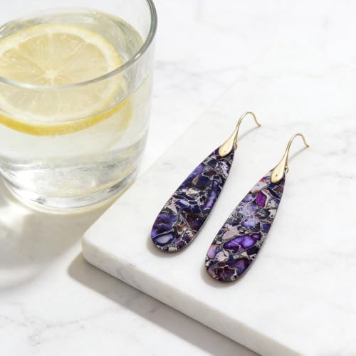 Boho Natural Imperial Jasper Teardrop Dangle Earrings for Women – Hypoallergenic French Hook Stone Drop Earrings Jewelry - color: Purple Golden Hook