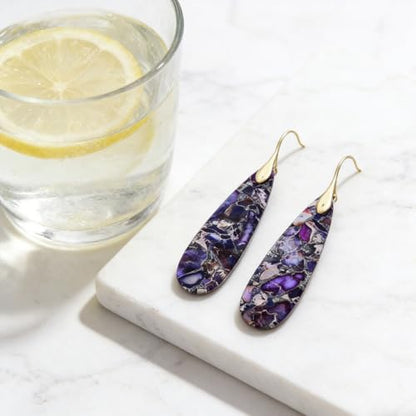 Boho Natural Imperial Jasper Teardrop Dangle Earrings for Women – Hypoallergenic French Hook Stone Drop Earrings Jewelry - color: Purple Golden Hook