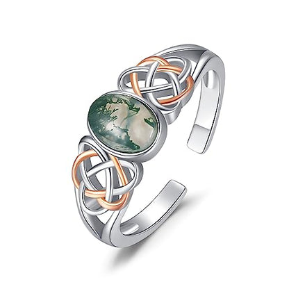 PRAYMOS 925 Sterling Silver Ring Birthstone Ring Turquoise Moss White Opal Ring for Women Celtic Knot Open Adjustable Thrumb Ring - color: multi-moss