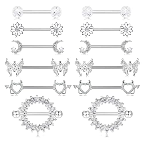 14G Nipple Rings for Women 316L Stainless Steel Heart,Butterfly,Moon,Devil,Flower Nipple Barbell CZ Nipple Rings Set Nipplerings Piercing Jewelry - color: white