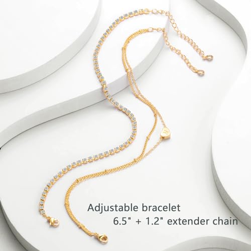 YANODA Gold Initial Bracelets for Women, 14K Gold Plated Bracelet Sets Trendy Gold Bracelet Stack Dainty Heart Letter Initial Bracelets Adjustable Tennis Bracelets Personalized Jewelry for Women - color: B