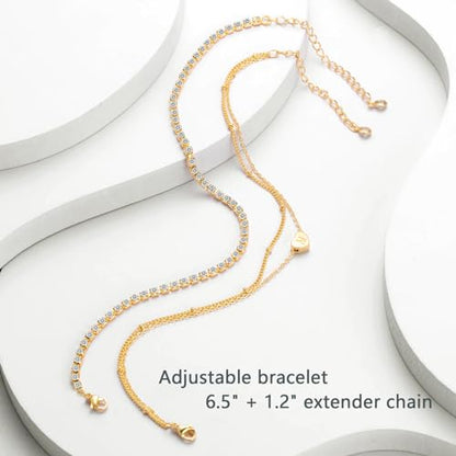 YANODA Gold Initial Bracelets for Women, 14K Gold Plated Bracelet Sets Trendy Gold Bracelet Stack Dainty Heart Letter Initial Bracelets Adjustable Tennis Bracelets Personalized Jewelry for Women - color: D