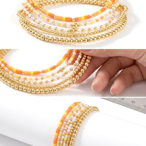 14K Gold Plated Beaded Bracelets Stack Set for Women,Stretch Boho Ball Jewelry Friendship Trendy - color: Orange