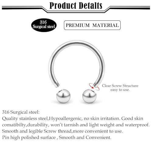 20G-00G Septum Rings horseshoes Nose Rings Hoops 316L Surgical Steel Snake Bites Lip Nipple Ring Cartilage Tragus Helix Rook Conch Daith Earrings Pa Piercing Jewelry for Women Men - style: 18G(1.0mm)-Dia:8mm