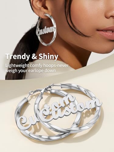 FindChic Twisted Hoop Earrings for Women, Silver/Black/14K Gold Plated Hypoallergenic Hollow Tube Rounded Loop Earrings, 30mm/40mm/60mm/80mm Hoops with Custom Name Options and Gift Box - color: e.Silver (Custom Name), size: 60MM