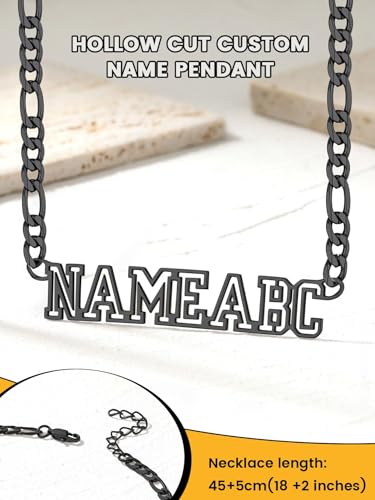 GoldChic JEWELRY Name Necklace Personalized for Men, Womens Custom Name Plate Chain, Stainless Steel Customized Old English Nameplate Choker with Curb Chains Custom, 16 inches to 30 inches - color: Figaro Chain 6 mm -Black