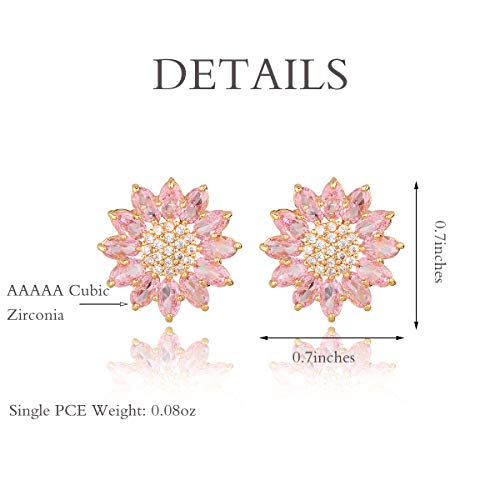Crystal Flower Burst Stud Earirings - Big Sterling Silver CZ Cubic Zirconia Rhinestone Daisy Sunflower Floral Cluster Studs Bridal Wedding Party Prom Costume Jewelry for Bride Bridesmaids Women Birthstone Birthday Gift - color: Pink